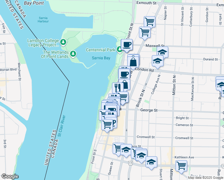 map of restaurants, bars, coffee shops, grocery stores, and more near 297 Front Street North in Sarnia