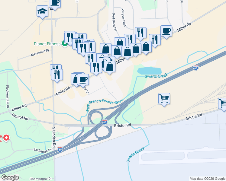 map of restaurants, bars, coffee shops, grocery stores, and more near 3409 Swartz Street in Flint