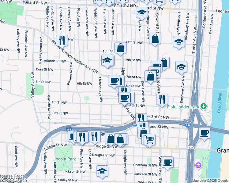 map of restaurants, bars, coffee shops, grocery stores, and more near 713 Stocking Avenue Northwest in Grand Rapids