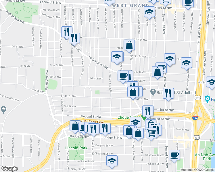 map of restaurants, bars, coffee shops, grocery stores, and more near 919 5th Street Northwest in Grand Rapids