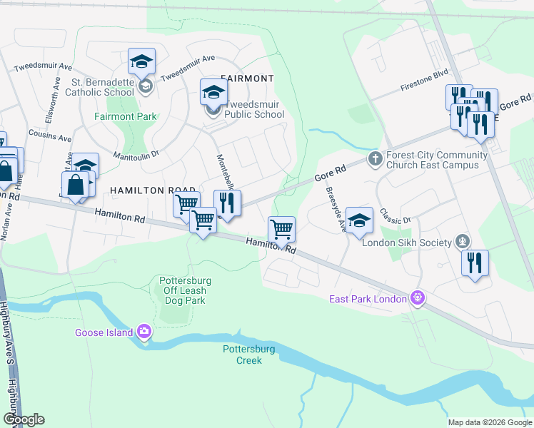 map of restaurants, bars, coffee shops, grocery stores, and more near 1172 Hamilton Road in London