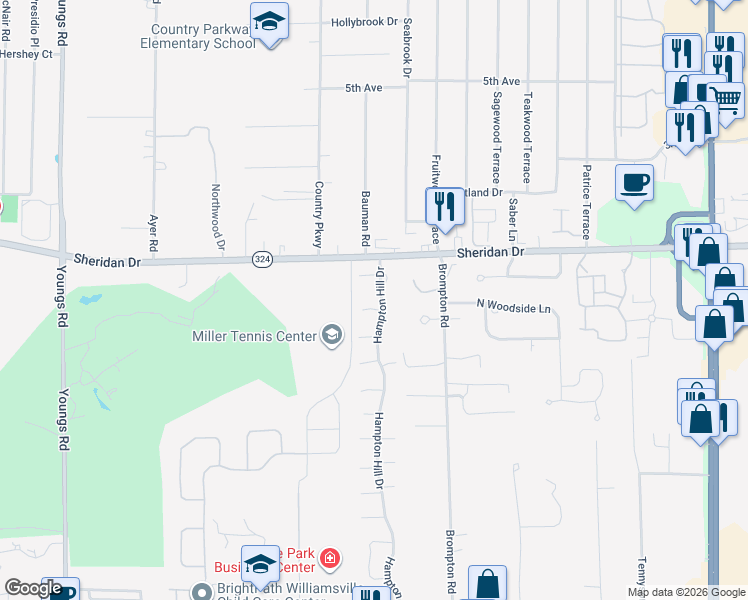 map of restaurants, bars, coffee shops, grocery stores, and more near 15 Hampton Hill Drive in Buffalo
