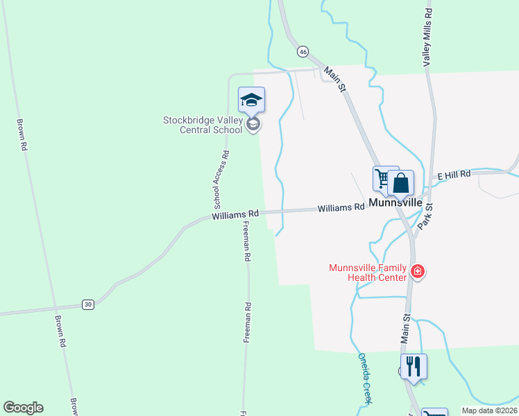 map of restaurants, bars, coffee shops, grocery stores, and more near 6053 Williams Road in Munnsville