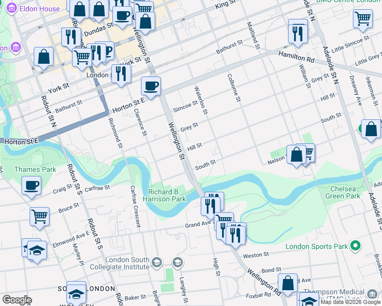 map of restaurants, bars, coffee shops, grocery stores, and more near 281 Hill Street in London