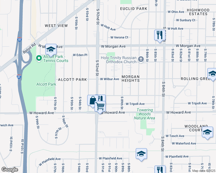 map of restaurants, bars, coffee shops, grocery stores, and more near 3734 South 91st Street in Milwaukee