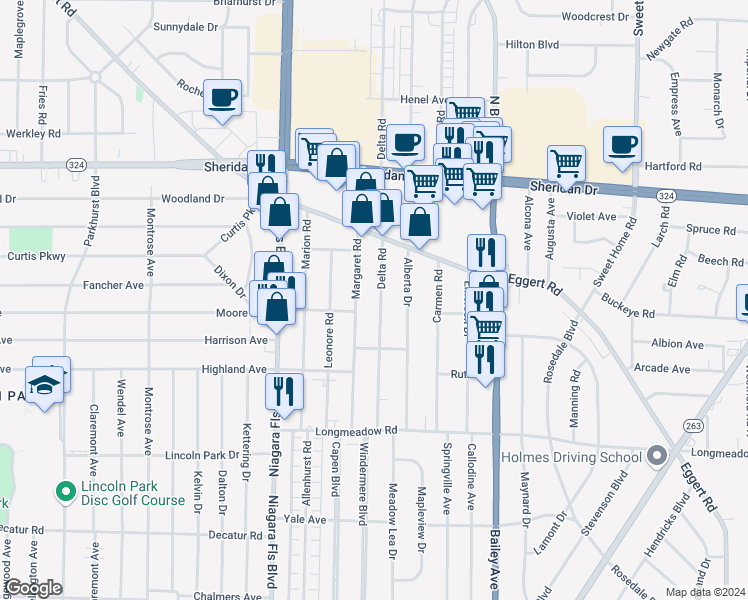 map of restaurants, bars, coffee shops, grocery stores, and more near 150 Delta Road in Buffalo