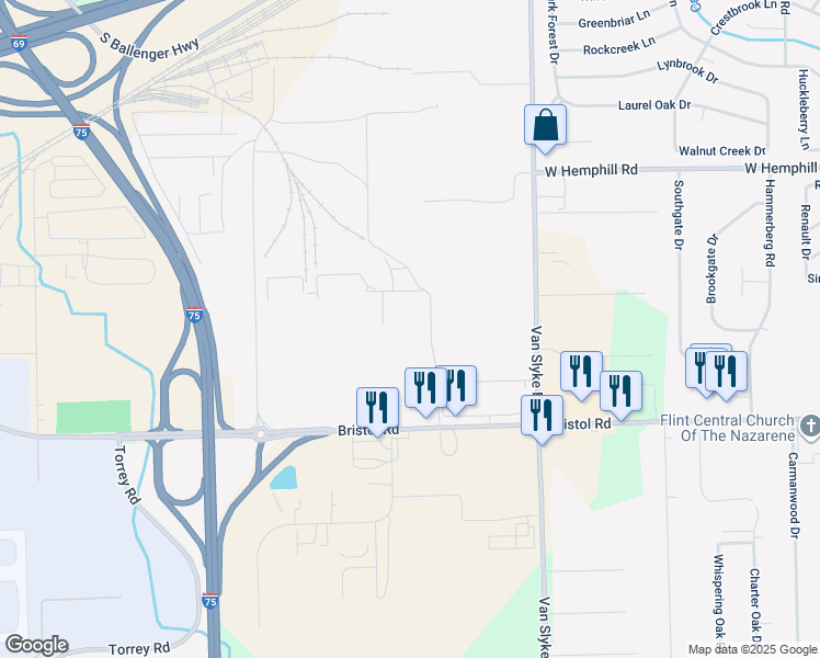 map of restaurants, bars, coffee shops, grocery stores, and more near in Flint