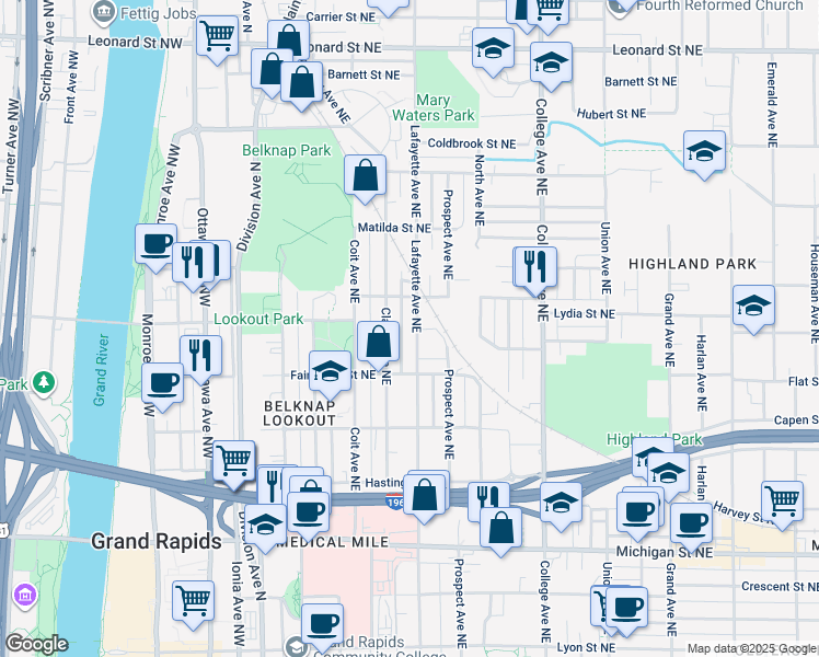 map of restaurants, bars, coffee shops, grocery stores, and more near 743 Lafayette Avenue Northeast in Grand Rapids