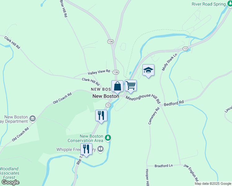 map of restaurants, bars, coffee shops, grocery stores, and more near 2 High Street in New Boston