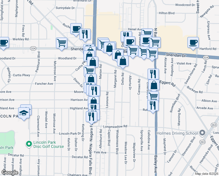 map of restaurants, bars, coffee shops, grocery stores, and more near 147 Leonore Road in Buffalo