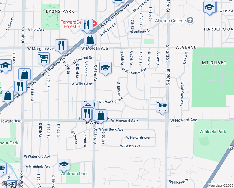 map of restaurants, bars, coffee shops, grocery stores, and more near 3777 South 48th Street in Milwaukee