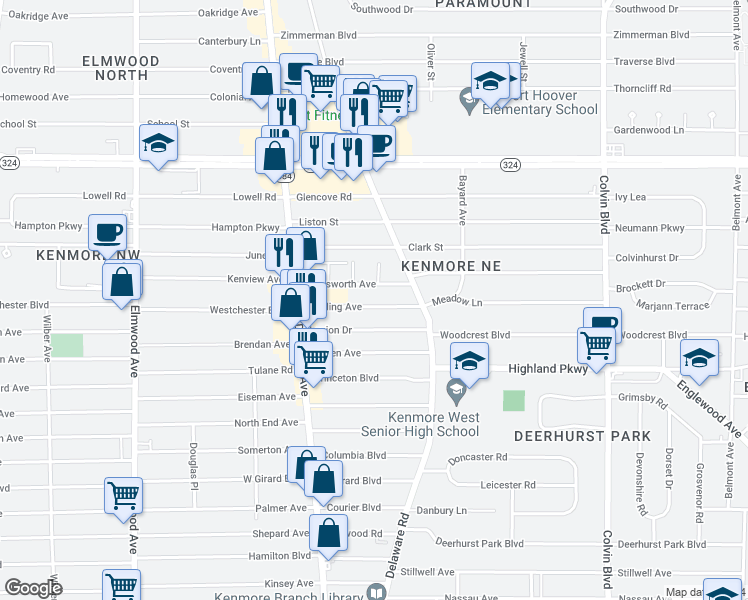 map of restaurants, bars, coffee shops, grocery stores, and more near 86 Harding Avenue in Buffalo