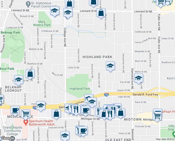 map of restaurants, bars, coffee shops, grocery stores, and more near 744 Benson Avenue Northeast in Grand Rapids