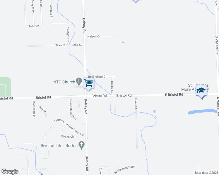 map of restaurants, bars, coffee shops, grocery stores, and more near 3492 Dallas Street in Burton