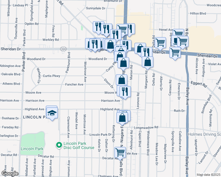 map of restaurants, bars, coffee shops, grocery stores, and more near 63 Dixon Drive in Buffalo