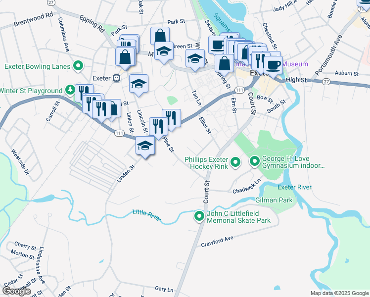 map of restaurants, bars, coffee shops, grocery stores, and more near 11 Alewife Court in Exeter