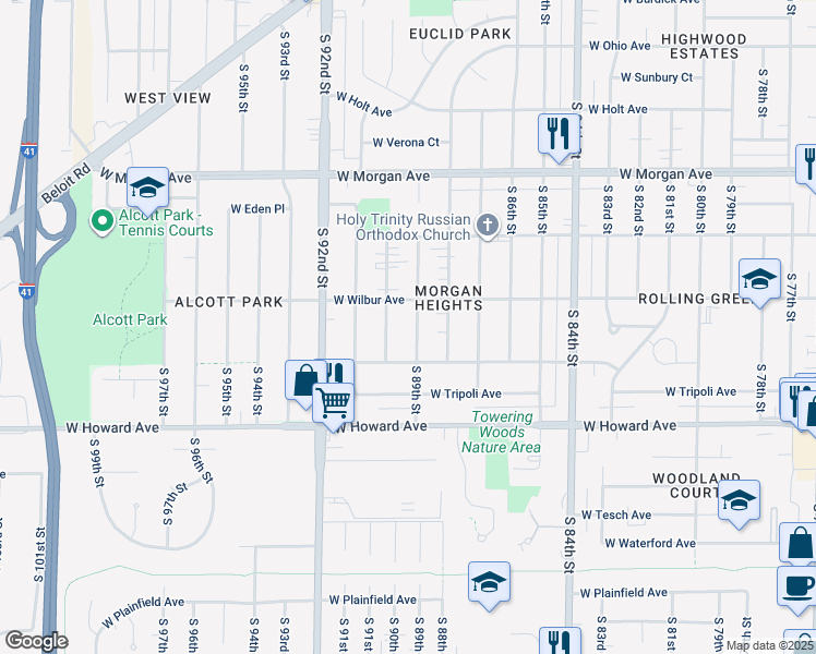 map of restaurants, bars, coffee shops, grocery stores, and more near 3735 South 89th Street in Milwaukee