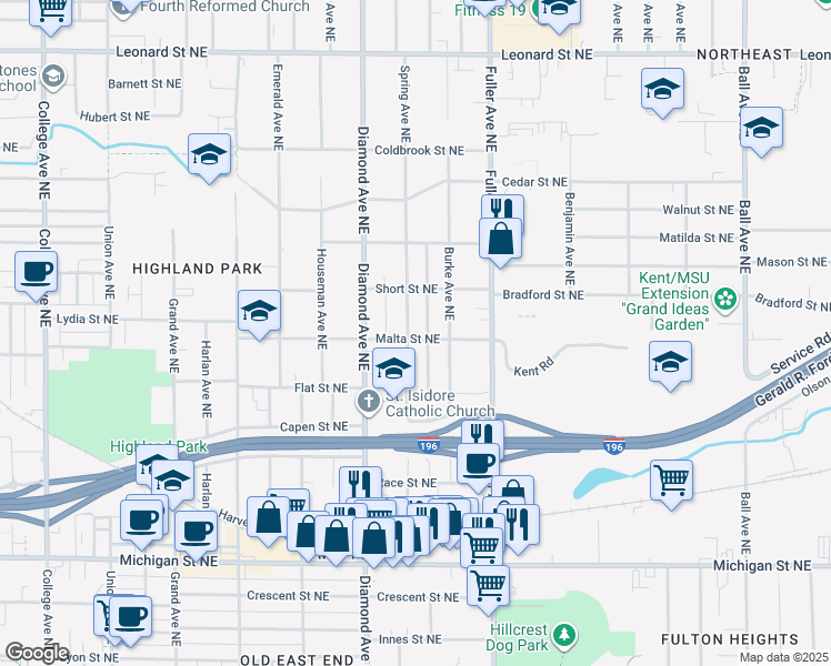 map of restaurants, bars, coffee shops, grocery stores, and more near 800 Spring Avenue Northeast in Grand Rapids