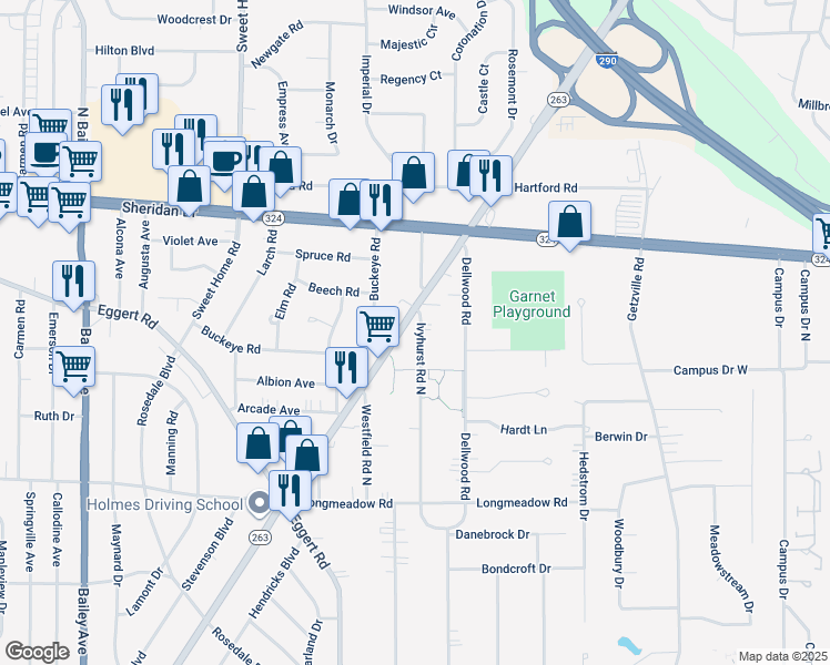 map of restaurants, bars, coffee shops, grocery stores, and more near 438 Ivyhurst Road North in Buffalo