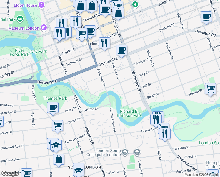 map of restaurants, bars, coffee shops, grocery stores, and more near 175 Grey Street in London