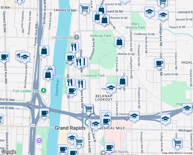 map of restaurants, bars, coffee shops, grocery stores, and more near 743 Fairview Avenue Northeast in Grand Rapids