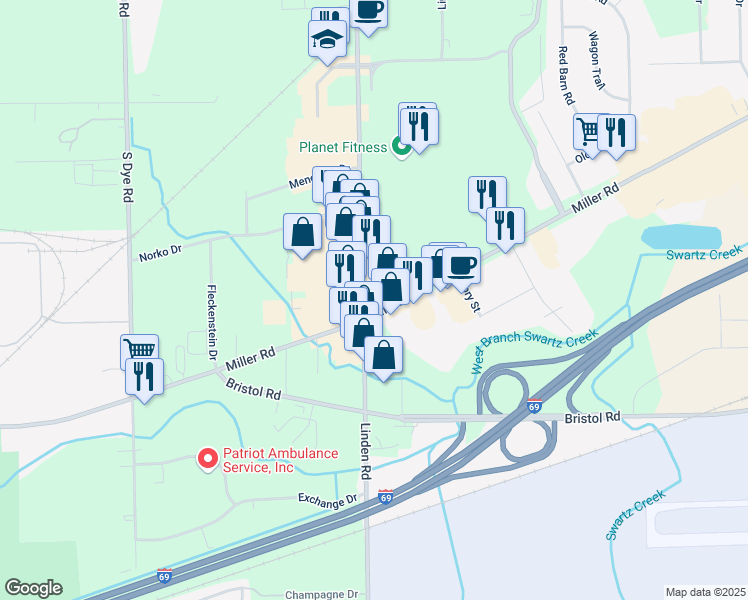 map of restaurants, bars, coffee shops, grocery stores, and more near 4584 Miller Road in Flint