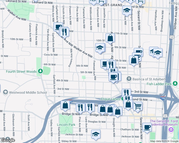 map of restaurants, bars, coffee shops, grocery stores, and more near 919 5th Street Northwest in Grand Rapids