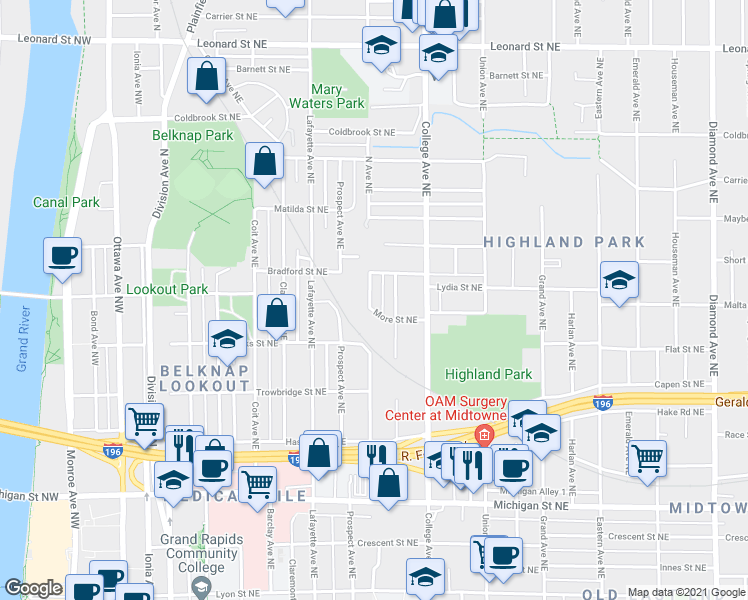 map of restaurants, bars, coffee shops, grocery stores, and more near 742 North Avenue Northeast in Grand Rapids