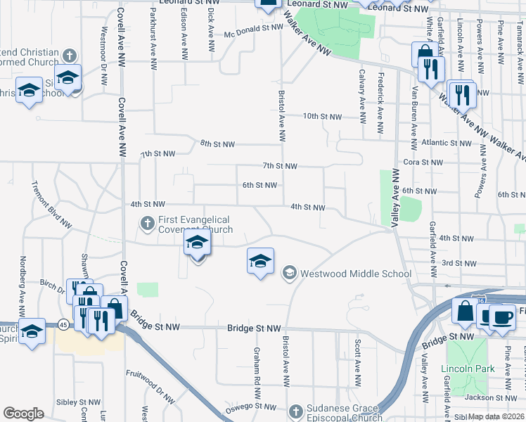map of restaurants, bars, coffee shops, grocery stores, and more near 648 Ravine Drive Northwest in Grand Rapids