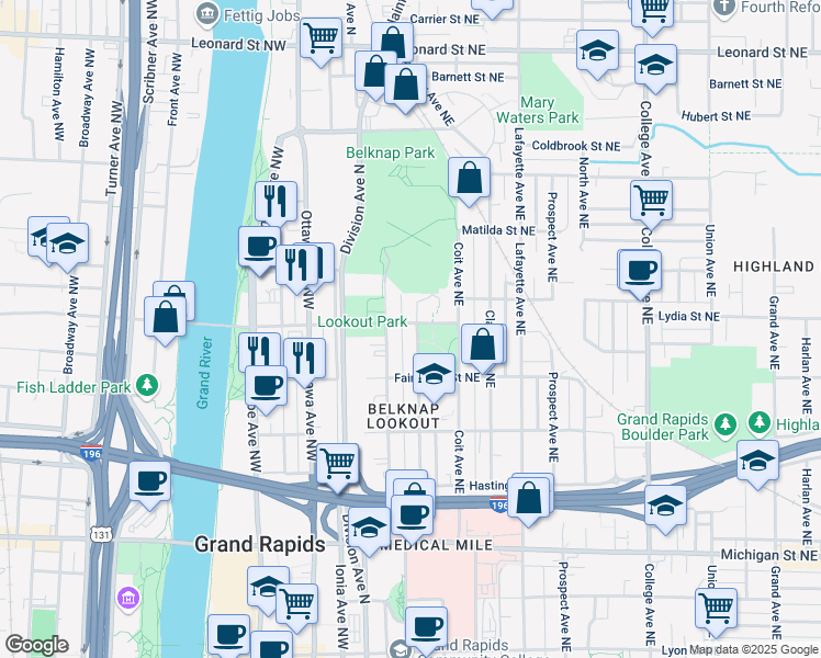 map of restaurants, bars, coffee shops, grocery stores, and more near 749 Livingston Avenue Northeast in Grand Rapids