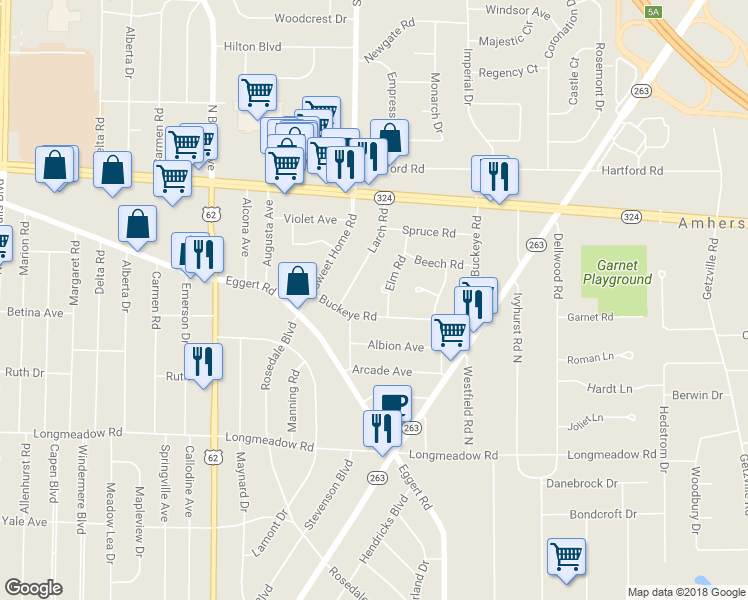 map of restaurants, bars, coffee shops, grocery stores, and more near 6 Elm Circle in Buffalo