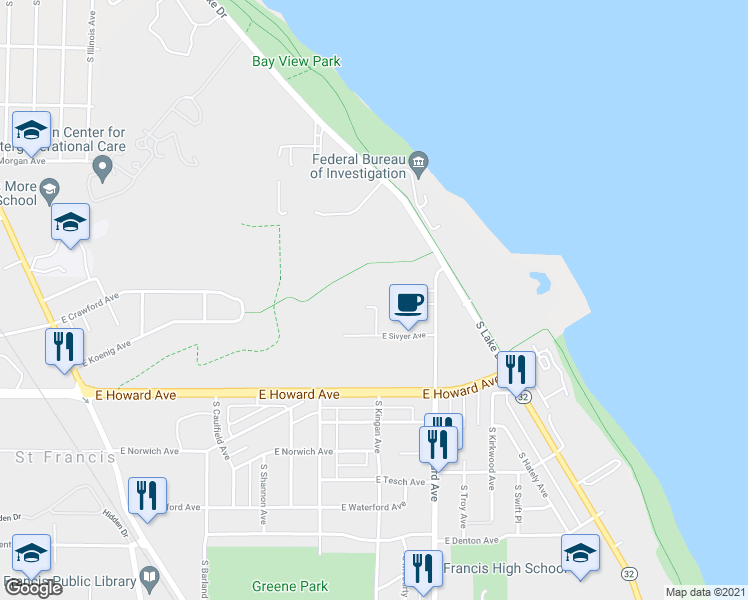 map of restaurants, bars, coffee shops, grocery stores, and more near 3476 East Koenig Avenue in Saint Francis
