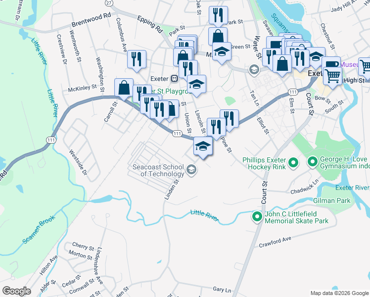 map of restaurants, bars, coffee shops, grocery stores, and more near 9 Gill Street in Exeter