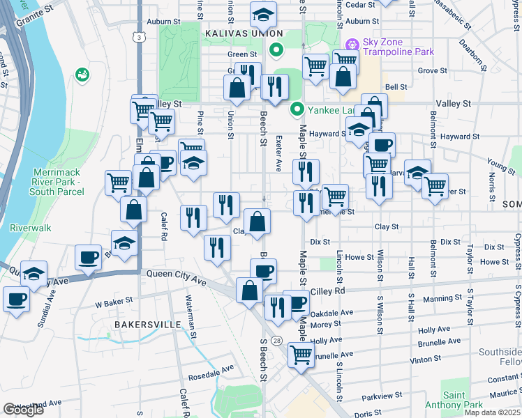 map of restaurants, bars, coffee shops, grocery stores, and more near 292 Somerville Street in Manchester