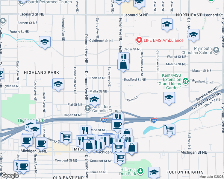 map of restaurants, bars, coffee shops, grocery stores, and more near 1105 Malta Street Northeast in Grand Rapids