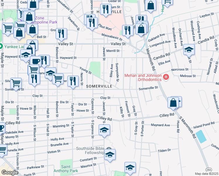 map of restaurants, bars, coffee shops, grocery stores, and more near 994 Somerville Street in Manchester
