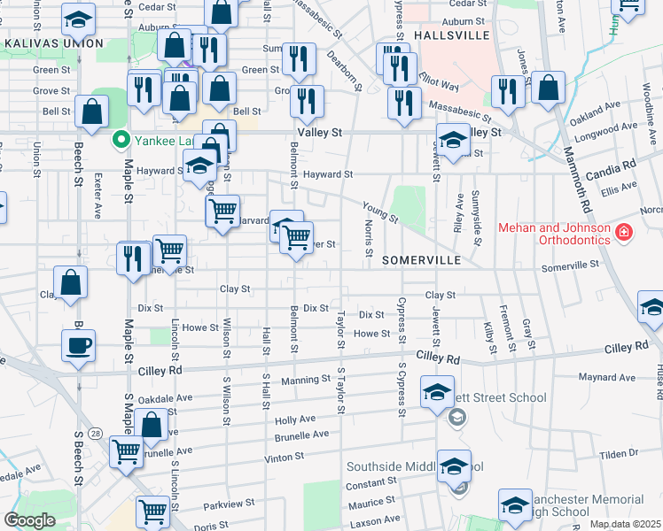 map of restaurants, bars, coffee shops, grocery stores, and more near 769 Somerville Street in Manchester
