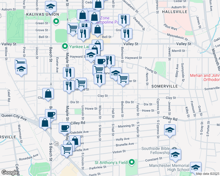 map of restaurants, bars, coffee shops, grocery stores, and more near 130 Hall Street in Manchester