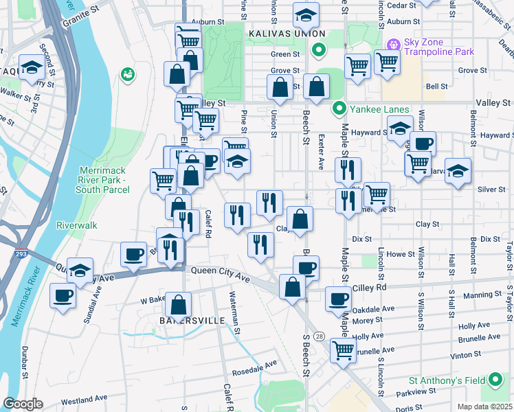 map of restaurants, bars, coffee shops, grocery stores, and more near 36 Plummer Street in Manchester