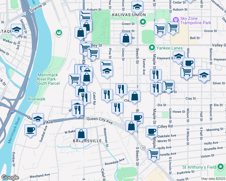 map of restaurants, bars, coffee shops, grocery stores, and more near 36 Plummer Street in Manchester