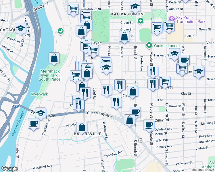 map of restaurants, bars, coffee shops, grocery stores, and more near 14 Pine Street in Manchester