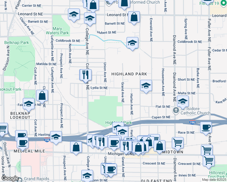 map of restaurants, bars, coffee shops, grocery stores, and more near 744 Benson Avenue Northeast in Grand Rapids