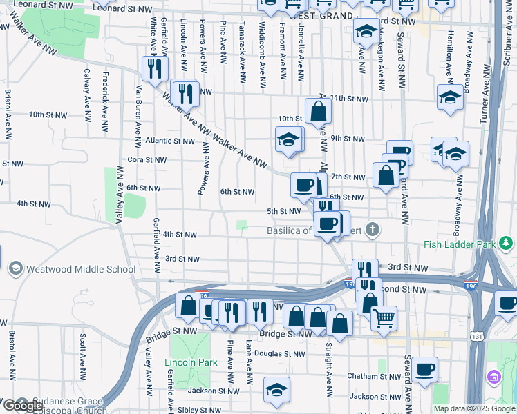 map of restaurants, bars, coffee shops, grocery stores, and more near 919 5th Street Northwest in Grand Rapids