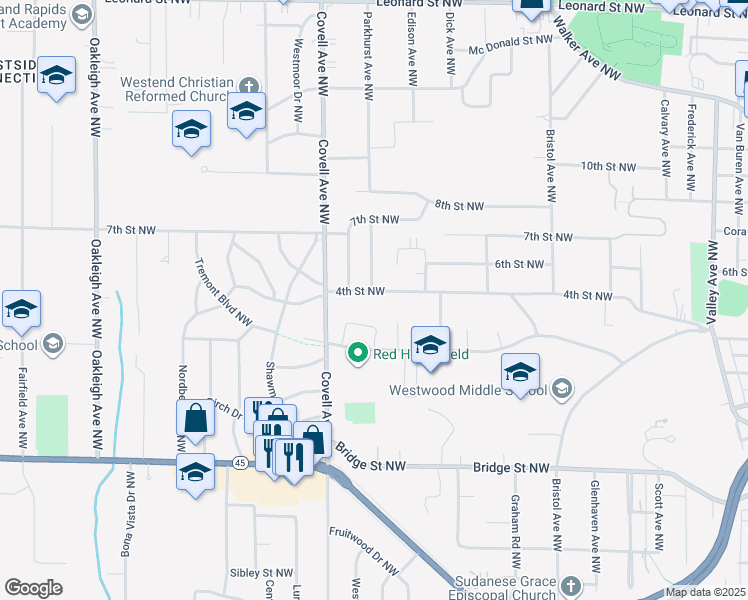 map of restaurants, bars, coffee shops, grocery stores, and more near 1856 4th Street Northwest in Grand Rapids