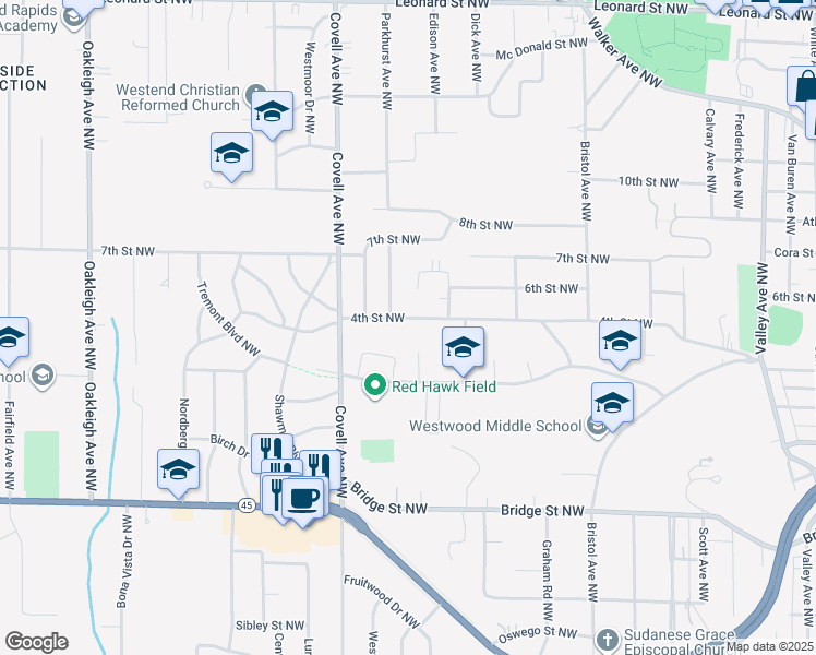 map of restaurants, bars, coffee shops, grocery stores, and more near 1856 4th Street Northwest in Grand Rapids