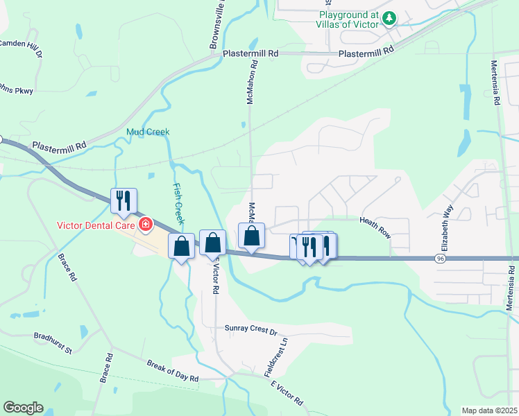 map of restaurants, bars, coffee shops, grocery stores, and more near 1233 McMahon Rd in Victor