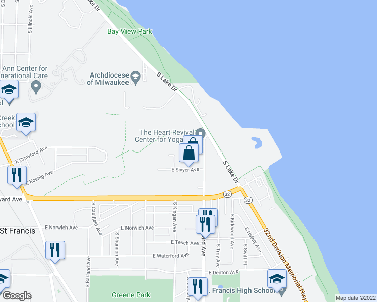 map of restaurants, bars, coffee shops, grocery stores, and more near 3739 South Packard Avenue in Saint Francis