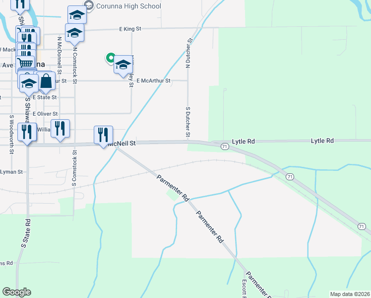map of restaurants, bars, coffee shops, grocery stores, and more near 720 East McNeil Street in Corunna