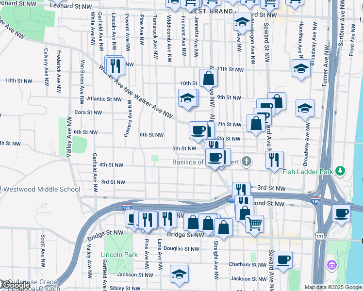 map of restaurants, bars, coffee shops, grocery stores, and more near 869 5th Street Northwest in Grand Rapids
