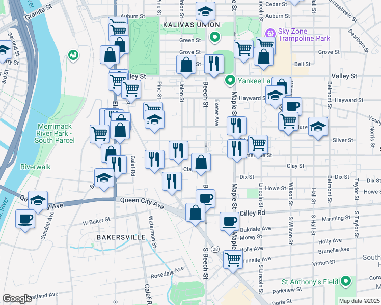 map of restaurants, bars, coffee shops, grocery stores, and more near 246 Somerville Street in Manchester
